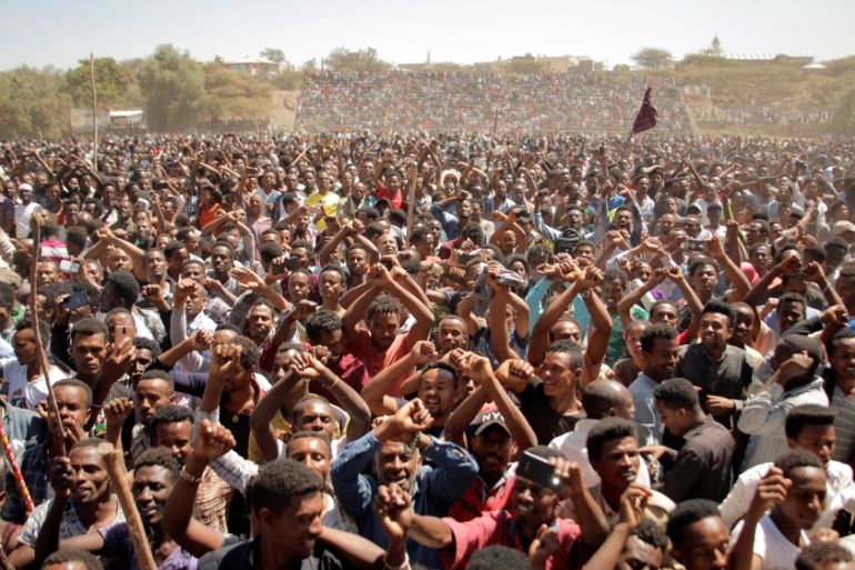 Supporters of Bekele Gerba, secretary general of the Oromo Federalist Congress (OFC), chant slogans to celebrate Gerba''s release from prison, in Adama, Oromia Region