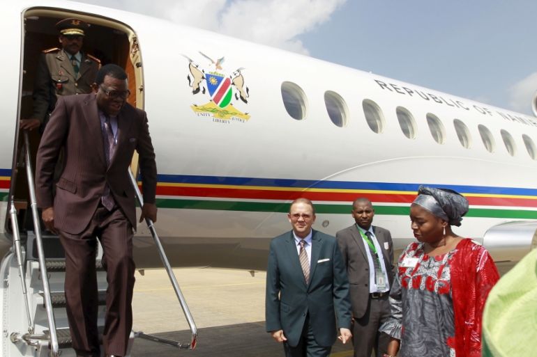 Namibia''s President Hage Geingob arrives at the airport in Abuja