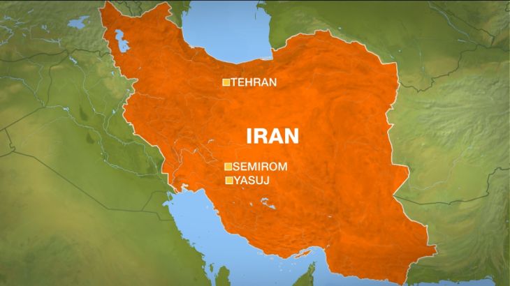 Iran map showing Tehran, Semirom city and Yasuj city