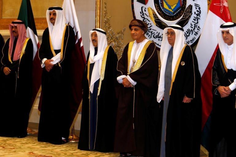 Al-Jubeir, Al Khalifa, bin Mahmood, Al-Sabah and bin Hamad al-Thani pose for a family photo during the annual summit of GCC