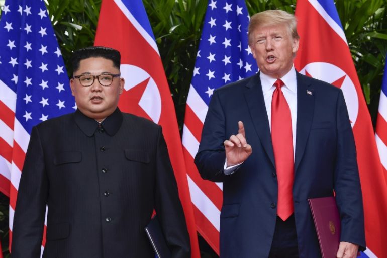 U.S. President Donald Trump makes a statement before saying goodbye to North Korea leader Kim Jong Un after their meetings at the Capella resort on Sentosa Island Tuesday, June 12, 2018 in Singapore.