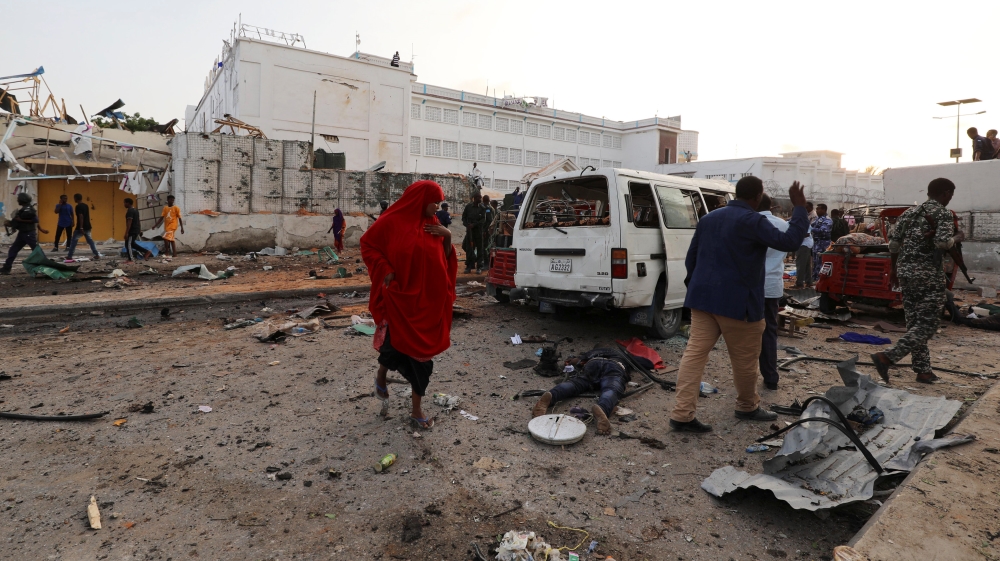 A general view shows the scene of an explosion in Mogadishu
