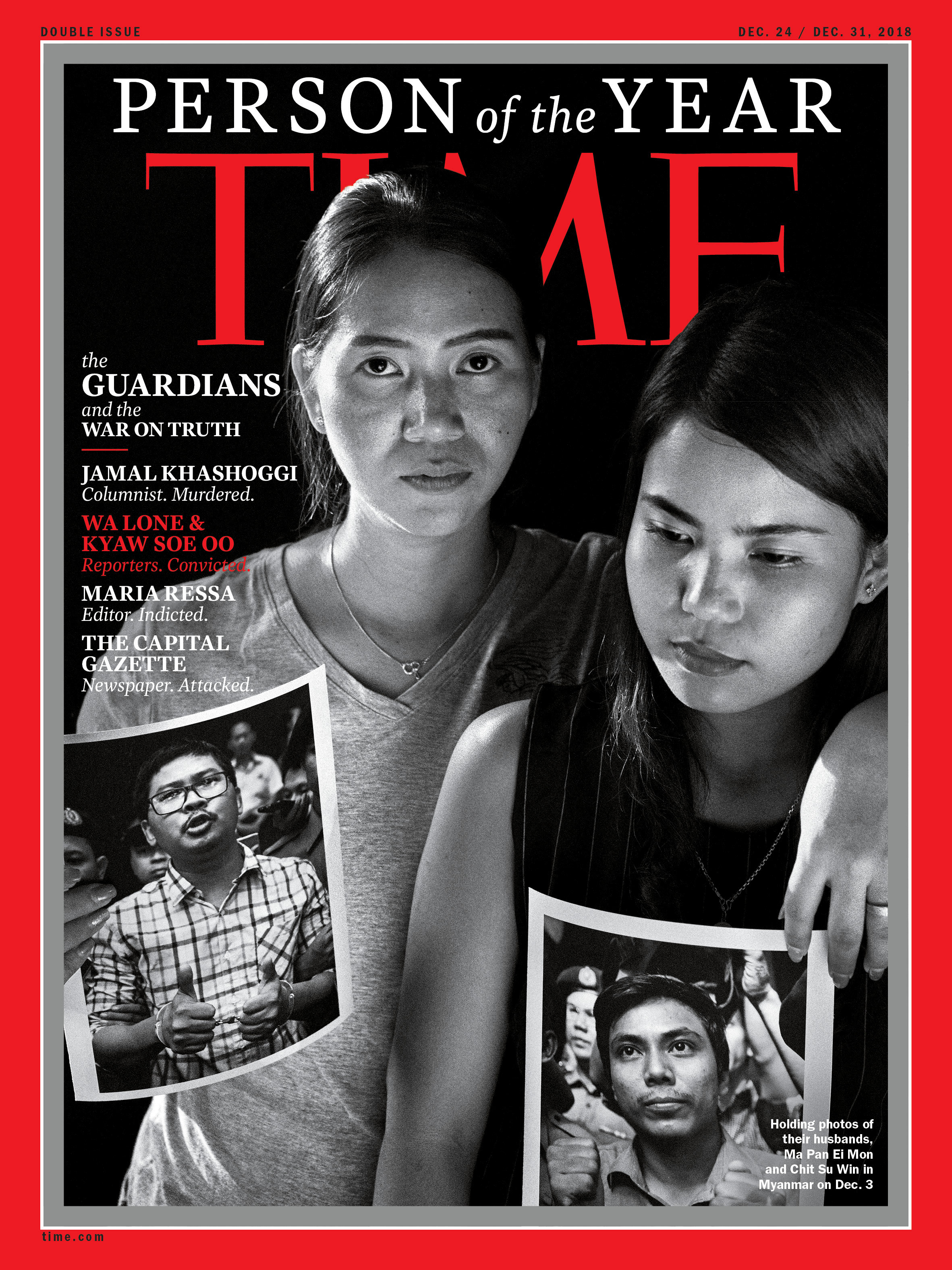 Ma Pan Ei Mon and Chit Su Win holding photos of their husbands - Wa Lone and Kyaw Soe Oo - who were among those recognised as Person of the Year 2018 by the Time Magazine [Courtesy: Time Magazine/Handout via Reuters]