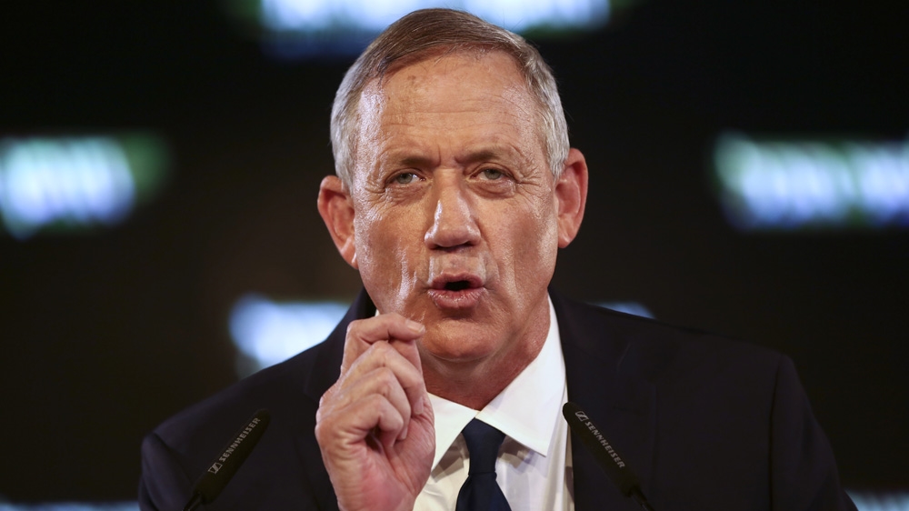 Gantz speaks at the official launch of his election campaign in Tel Aviv [File: Oded Balilty/AP]