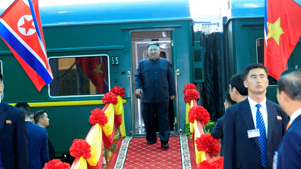 Kim arrives at Dong Dang, on Vietnam's border with China [Nhan Sang/VNA via Reuters]