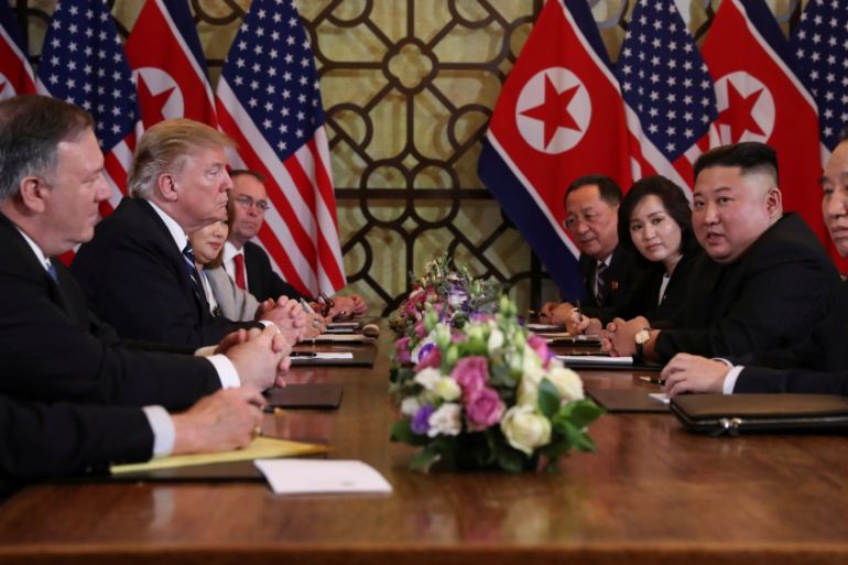 North Korea''s leader Kim Jong Un and U.S. President Donald Trump attend the extended bilateral meeting in the Metropole hotel during the second North Korea-U.S. summit in Hanoi