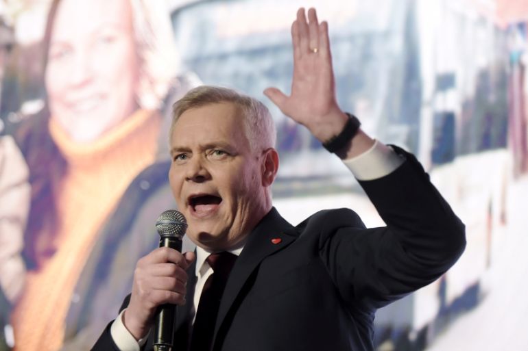 Chairman of the Finnish Social Democratic Party Antti Rinne speaks during the election party in Helsinki