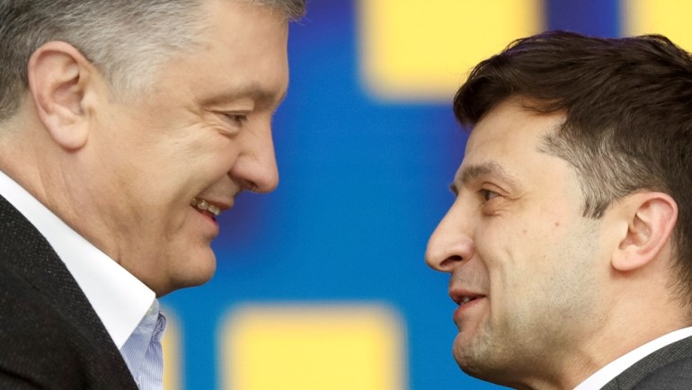 Ukraine''s presidential candidates Petro Poroshenko and Volodymyr Zelenskiy attend a debate in Kiev