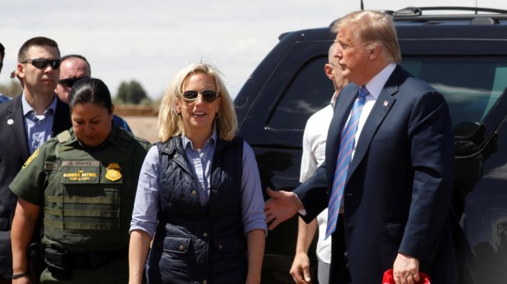 Homeland Security Secretary Kirstjen Nielsen and U.S. President Donald Trump arrive to view a section of border wall in Calexico California, U.S., April 5, 2019. Picture taken April 5, 2019. REUTERS/K