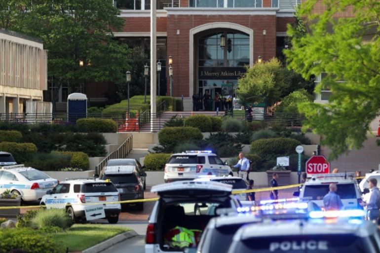 Police keeps the campus on lockdown after a shooting at the University of North Carolina Charlotte in University City, Charlotte, on April 30, 2019. Six people were shot, two of them died on the Unive
