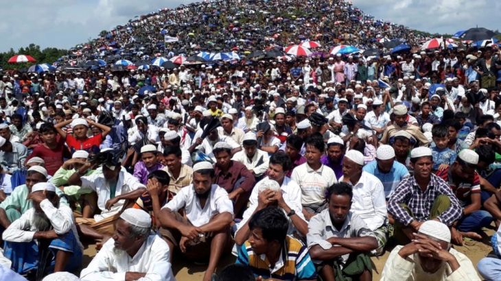 Rohingya refugees gather to mark the second anniversary of the exodus at the Kutupalong camp in Cox’s Bazar