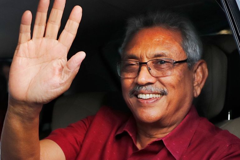 Sri Lanka''s president elect Gotabaya Rajapaksa waves to supporters as he leaves the election commission after the announcement of his victory in Colombo, Sri Lanka, Sunday, Nov.17, 2019. Rajapaksa, re