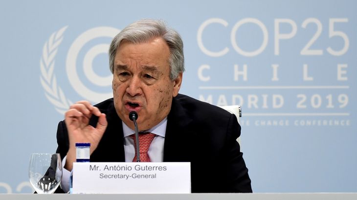 United Nations Secretary-General Antonio Guterres gives a press conference, at the ''IFEMA - Feria de Madrid'' exhibition centre, in Madrid, on December 1, 2019, on the eve of the opening of the UN Clim