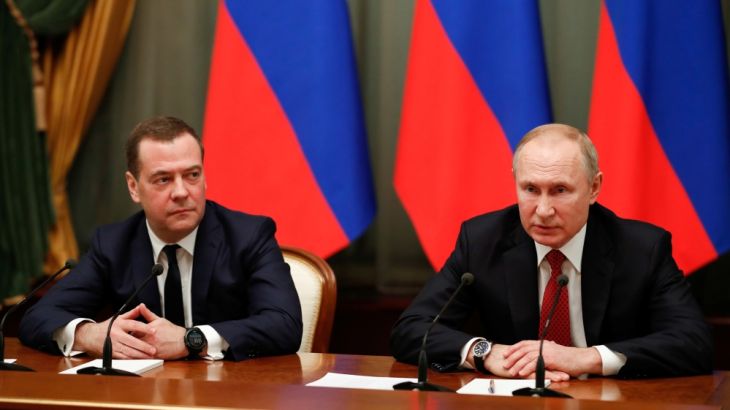 Russian President Vladimir Putin and Prime Minister Dmitry Medvedev attend a meeting with members of the government in Moscow, Russia January 15, 2020. Sputnik/Dmitry Astakhov/Pool via REUTERS ATTENTI