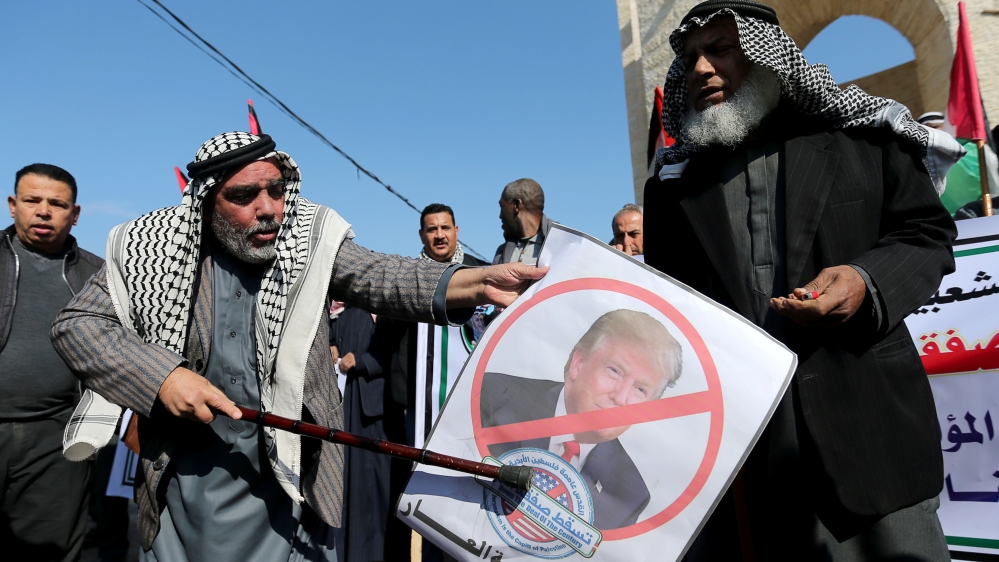 Palestinians take part in a protest against the U.S. Middle East peace plan, in Rafah in the southern Gaza Strip