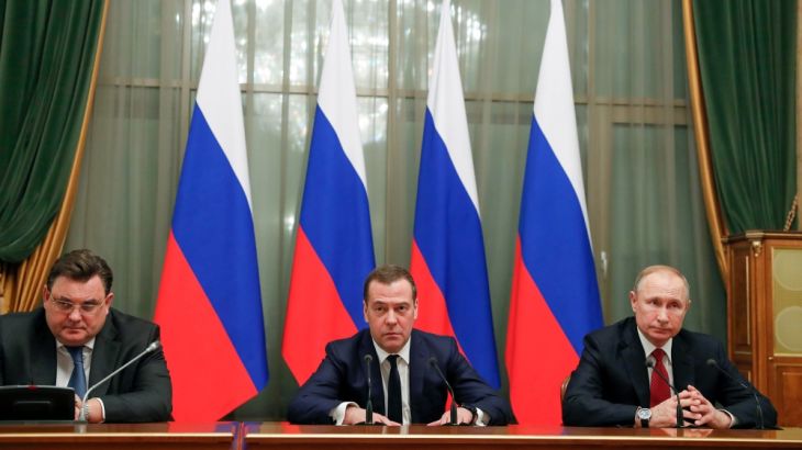 Russian President Vladimir Putin and Prime Minister Dmitry Medvedev attend a meeting with members of the government in Moscow, Russia January 15, 2020. Sputnik/Dmitry Astakhov/Pool via REUTERS
