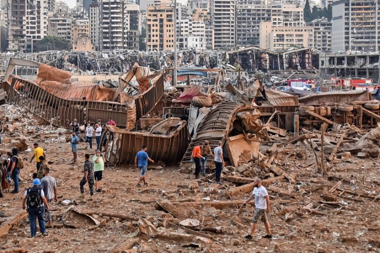 A picture shows the scene of an explosion near the the port in the Lebanese capital Beirut on August 4, 2020. Two huge explosion rocked the Lebanese capital Beirut, wounding dozens of people, shaking