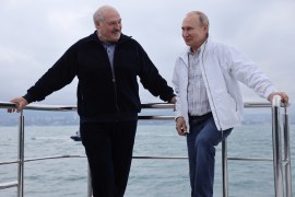 Russian President Vladimir Putin and his Belarusian counterpart Alexander Lukashenko take a boat trip off the Black Sea coast, Russia, May 29, 2021 [Sputnik/Sergei Ilyin/Kremlin via Reuters]