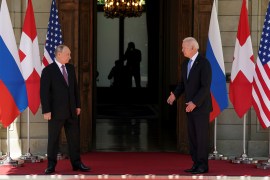 US President Joe Biden and his Russian counterpart Vladimir Putin meet for the US-Russia summit at Villa La Grange in Geneva, Switzerland, June 16, 2021 [Kevin Lamarque/Reuters]