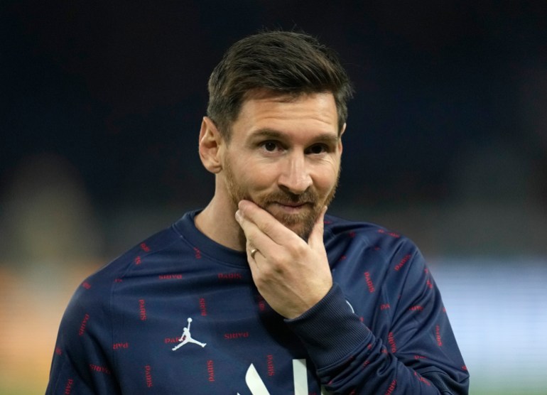 PSG''s Lionel Messi strokes his chin during the warm-up before the Champions League Group A soccer match between Paris Saint-Germain and Manchester City at the Parc des Princes in Paris, Tuesday, Sept. 28, 2021