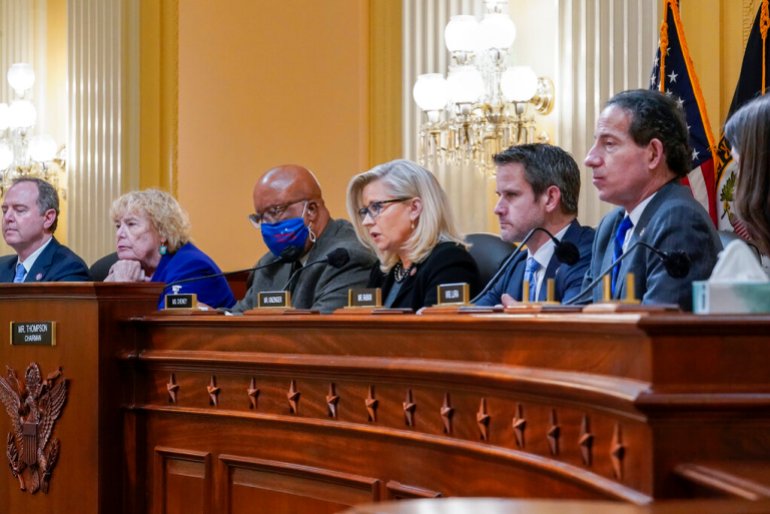 The House panel investigating the January 6 insurrection - seated from left Representatives Adam Schiff, Zoe Lofgren, Chairman Bennie Thompson, Vice Chair Liz Cheney, Adam Kinzinger, and Jamie Raskin, at the Capitol - has rejected former President Donald Trump's claims of privilege.