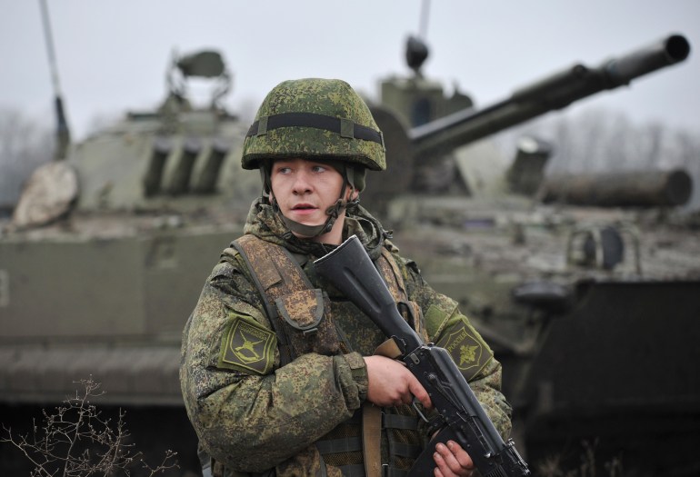 A Russian army soldier takes part in drills