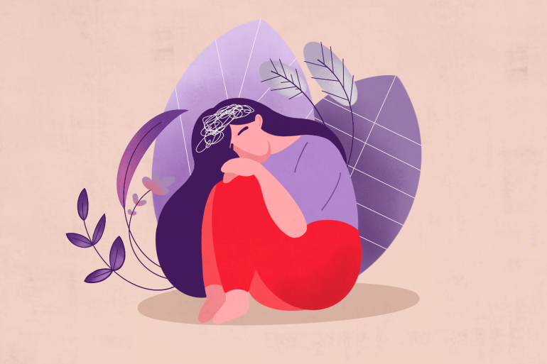 An illustration of a woman struggling with her mental health during the pandemic