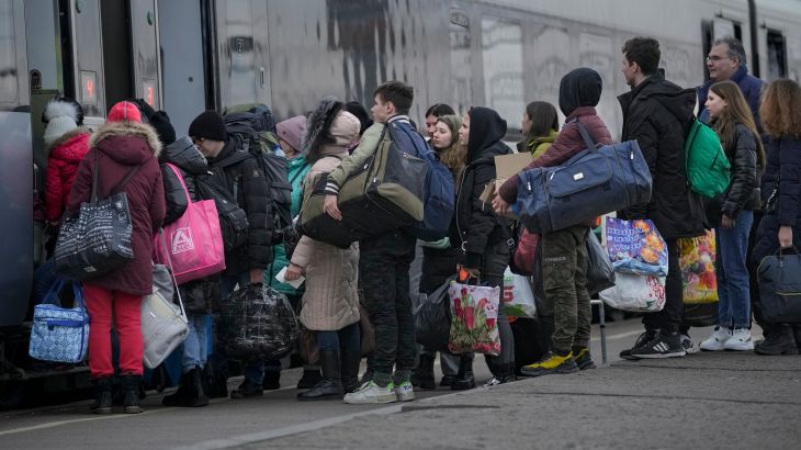 People board a Kyiv bound train on a platform in Kramatorsk, the Donetsk region, Ukraine.