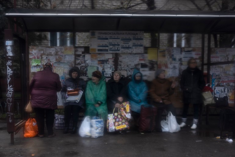 Women waiting at bus station in Kramatorsk, Ukraine.