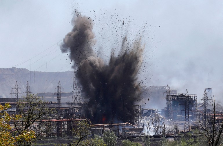 A view shows an explosion at a plant of Azovstal Iron and Steel Works during Ukraine-Russia conflict in the southern port city of Mariupol, Ukraine May 11, 2022.