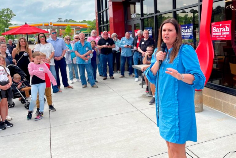 Former White House Press Secretary Sarah Sanders speaks at a campaign stop at a Dairy Queen in Little Rock, Ark.