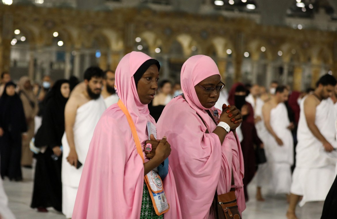 Muslim pilgrims circumambulate the Kaaba
