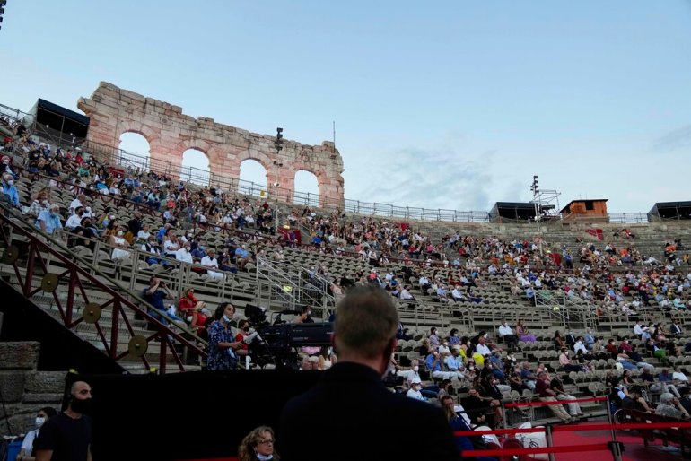 A view of the stand at Verona's Arena during a performance