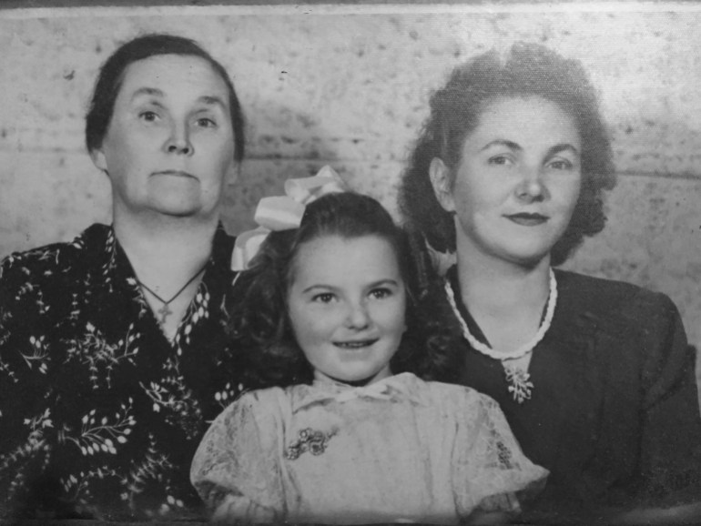 Black and white photo of the author's mother with her mother and grandmother