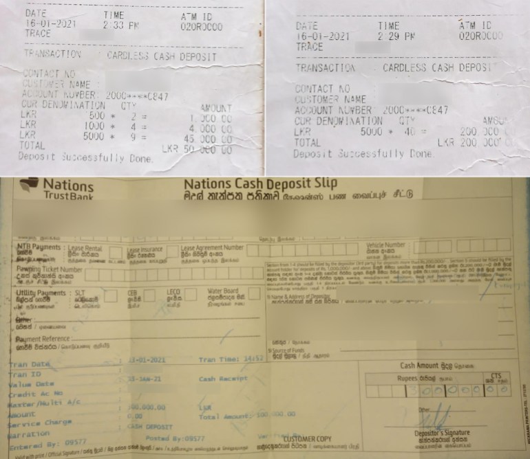 deposit slips showing the amounts deposited in sports chain app
