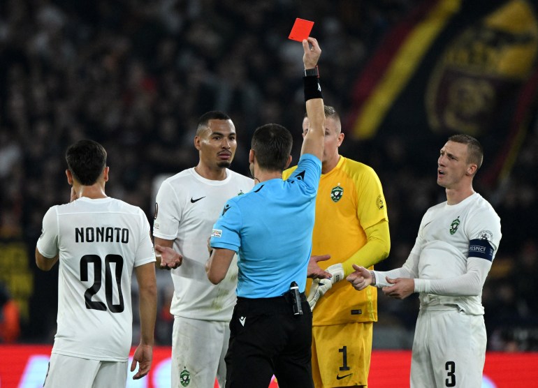 Olivier Verdon is shown a red card
