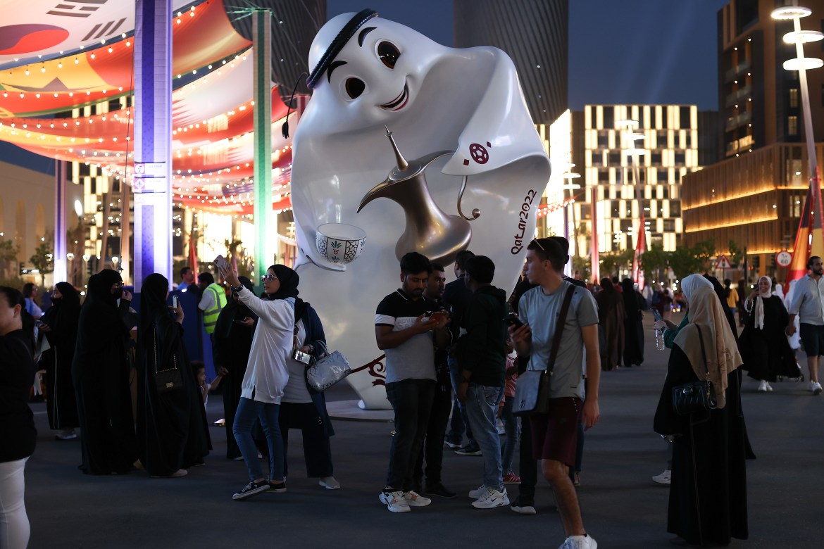 A statue of La'eeb the official mascot for FIFA World Cup iin Doha