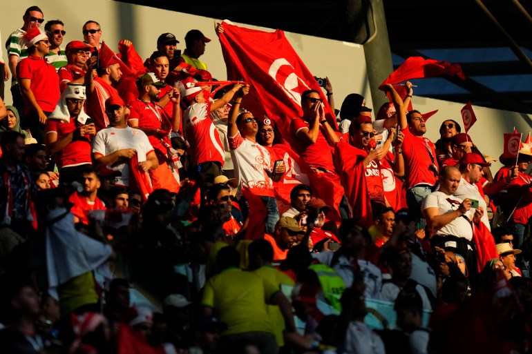 Fans cheer before the start of the World Cup group D football match between Denmark and Tunisia.r