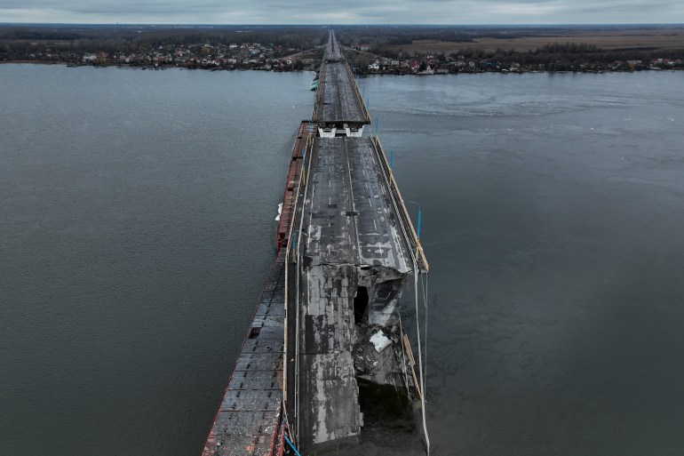 The damaged Antonivsky Bridge in Kherson, Ukraine.
