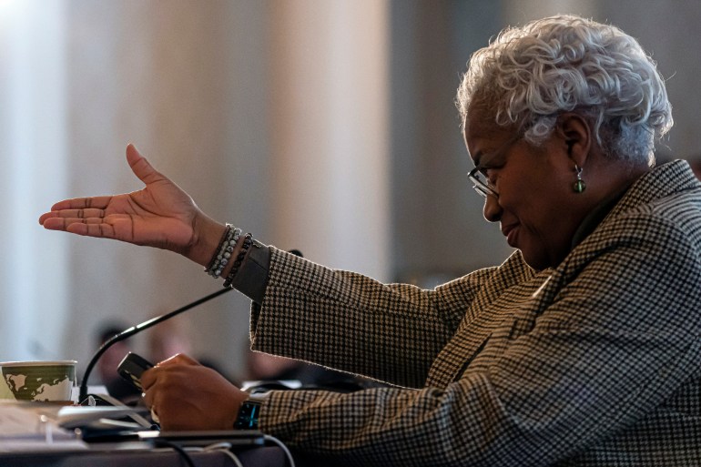 A photo of Donna Brazile speaking at the Democratic National Committee Rules and Bylaws Committee