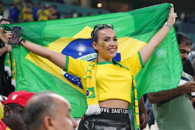 A Brazil fan in the stands holding a flag | Cameroon v Brazil, Group G, FIFA World Cup 2022, December 2, Lusail Stadium [Sorin Furcoi/Al Jazeera]