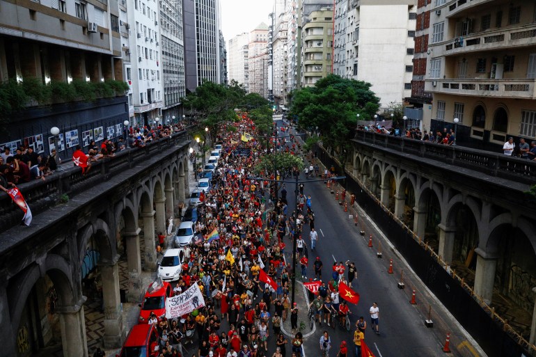 Pro-democracy demonstrators march in Porte Alegre, Brazil