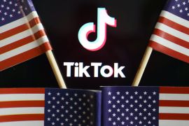 United States flags are seen near a TikTok logo in this illustration picture taken July 16, 2020 [Florence Lo/Illustration/Reuters]