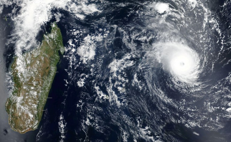 Satellite imagery shows Tropical Cyclone Freddy approaching Madagascar in this undated satellite handout image obtained February 20, 2023.