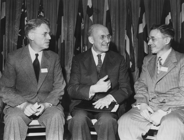 J.L. Ilsley, Canadian finance minister, U.S. secretary of treasury, Henry Morgenthau Jr., president of the conference and M.S. Stepanov, deputy people's commissar of foreign trade of the Soviet Union, from left to right, are pictured conversing during the United Nations Monetary and Financial Conference July 2, 1944, at the Mount Washington Hotel, Bretton Woods, New Hampshire, USA. The conference started yesterday. (AP Photo)