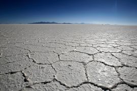 A view of the crystallized surface of the Uyuni salt lake, which holds the world's largest reserve of lithium, located at 3,656 meters (11,995 ft) above sea level in southwestern Bolivia