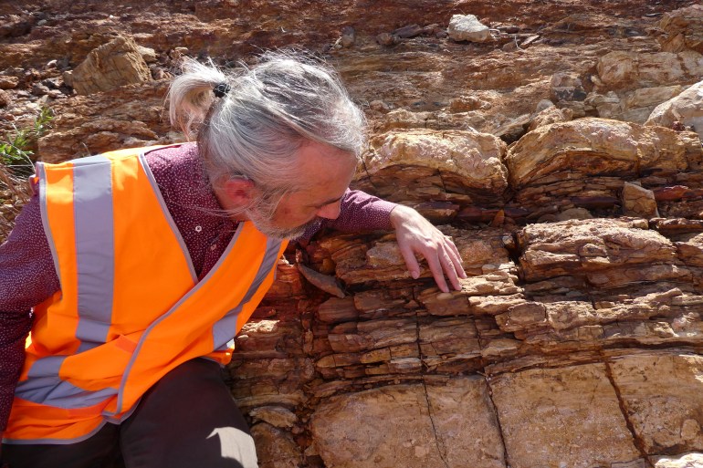 Professor Jochen Brocks inspecting an ancient rock face in northern Australia. He is wearing a hig vis shirt and has grey hair tied back in a pony tail.