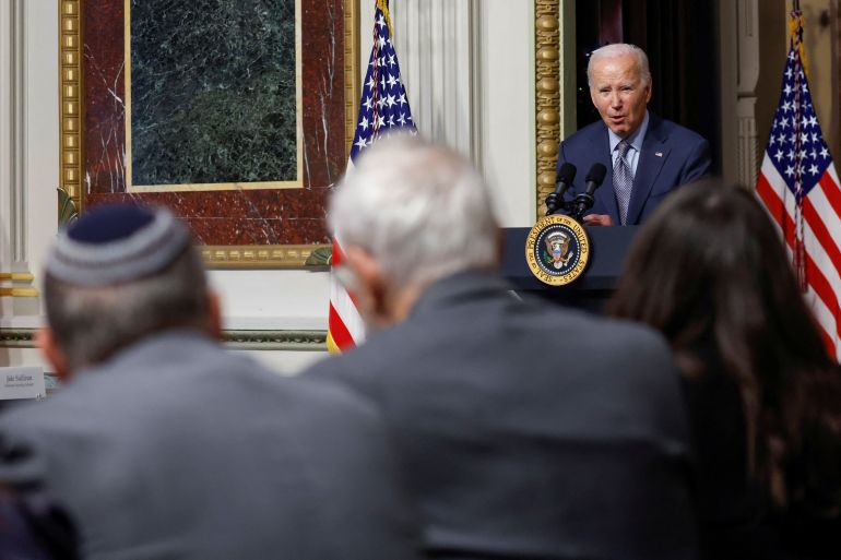 U.S. President Joe Biden participates in a roundtable with Jewish community leaders regarding the Palestine-Israel conflict, in the Eisenhower Executive Office Building on the White House campus in Washington, U.S. October 11, 2023. REUTERS/Jonathan Ernst