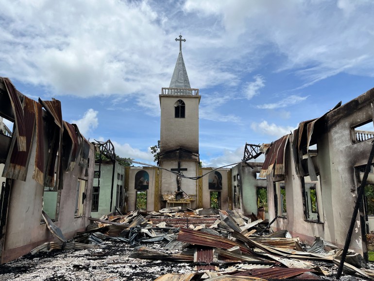 A church destroyed in eastern Myanmars Kayah state last year. It has no roof, there is debris on the floor and parts of the walls have been blackened by fire