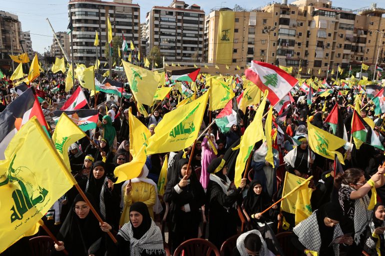 Hezbollah supporters gather to attend a ceremony to honour fighters killed in the recent escalation with Israel